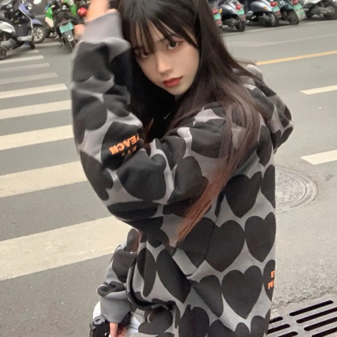 Thumbnail of Autumn Winter Clothes Black All-over Pattern Heart Hoodie Oversized Girly Kei Korean