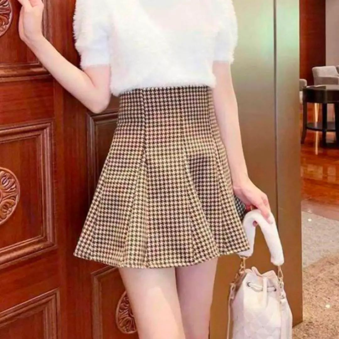 michellMacaron 千鳥格紋高腰迷你裙 的縮圖