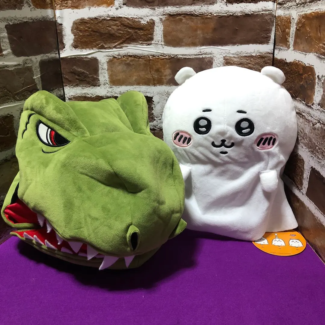Thumbnail of Dinosaur Face Plushie with a Big Hat and Chiikawa Plushie