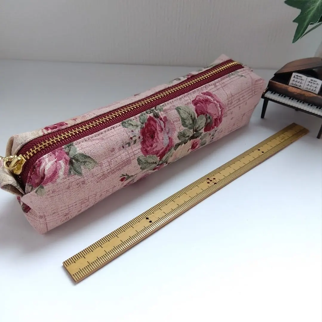 Thumbnail of Pen pouch: Music score, roses, and lace. Pink. Zipper pouch. Handmade.