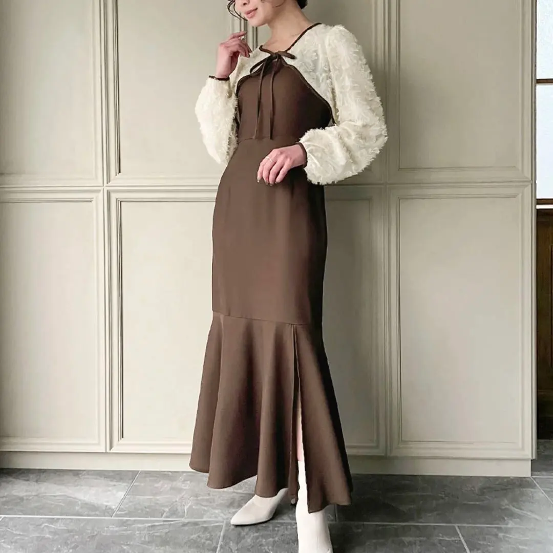 棕色美人魚連衣裙附罩衫 的縮圖