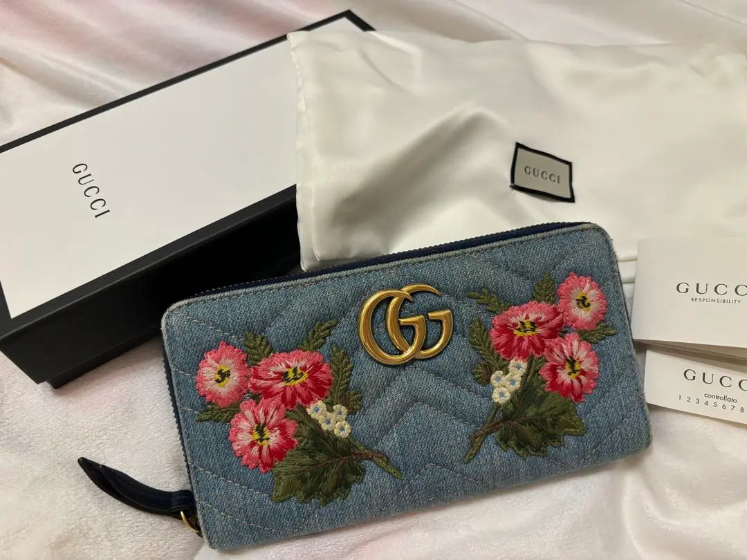【GUCCI】グッチ　GGマーモント　デニムウォレット　花柄　ラウンドファスナー GUCCI グッチ 財布 レディース ブランド 長財布 GGマーモント