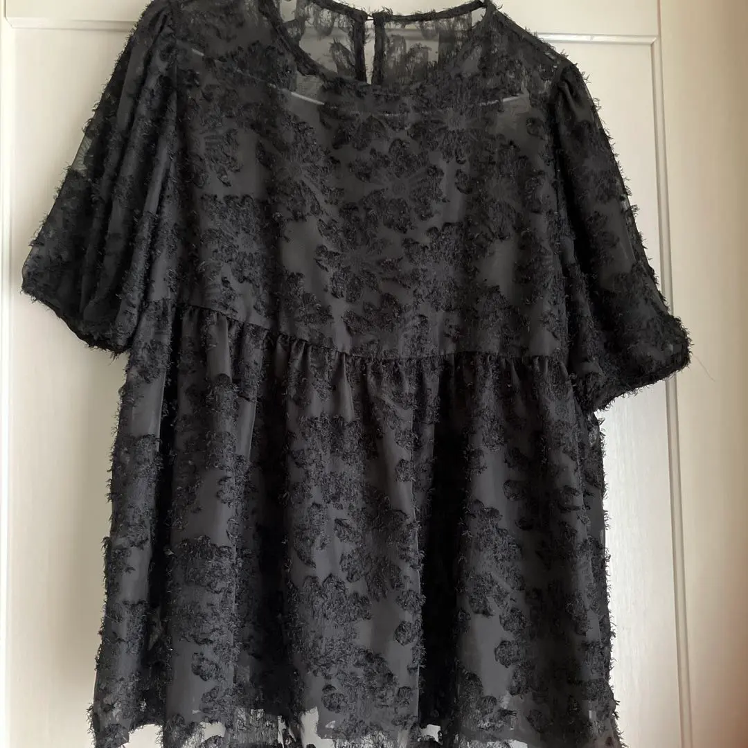 Thumbnail of Black floral lace short-sleeved top