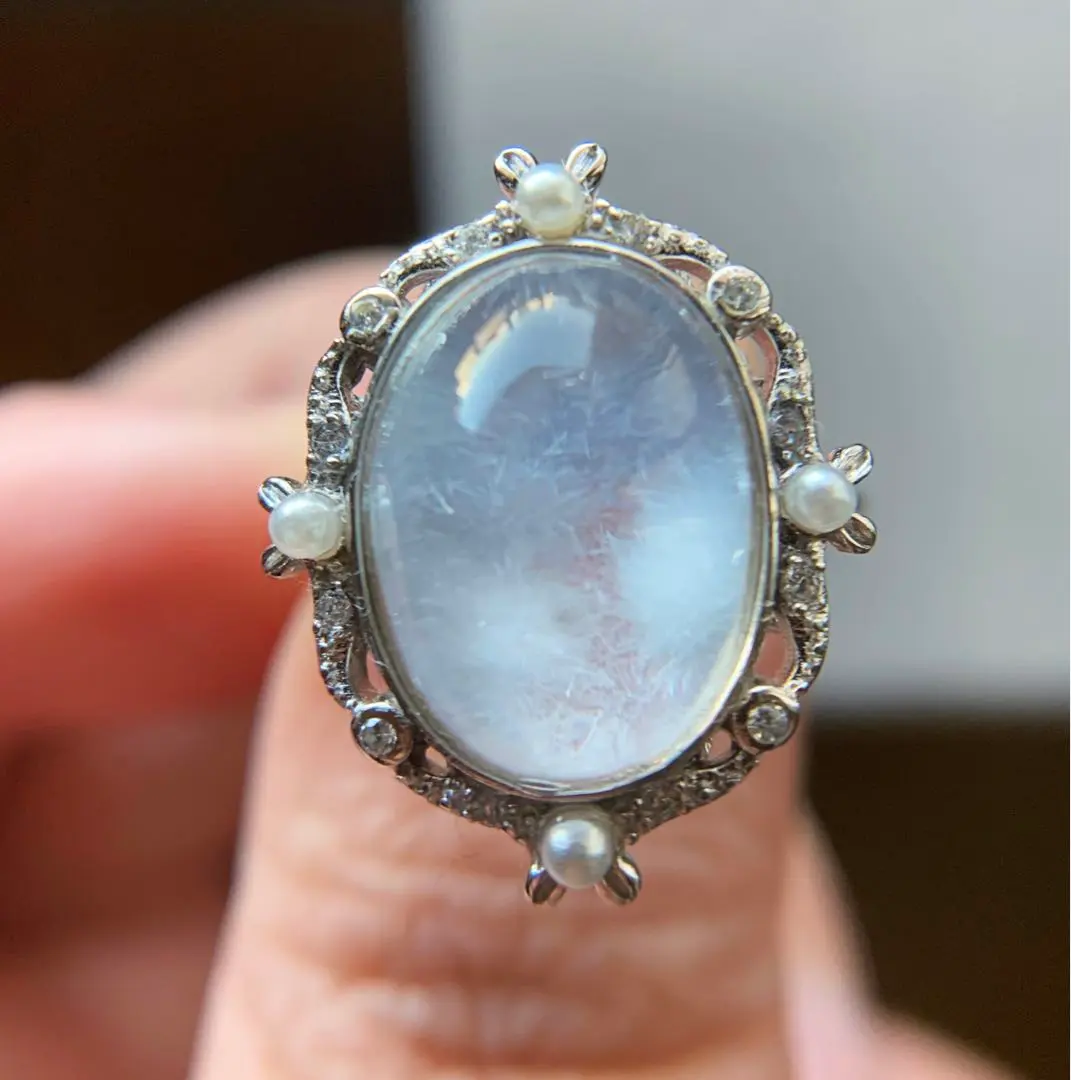 Thumbnail of W2604 High-Quality Fluffy Flower Dumortierite in Quartz Silver Ring