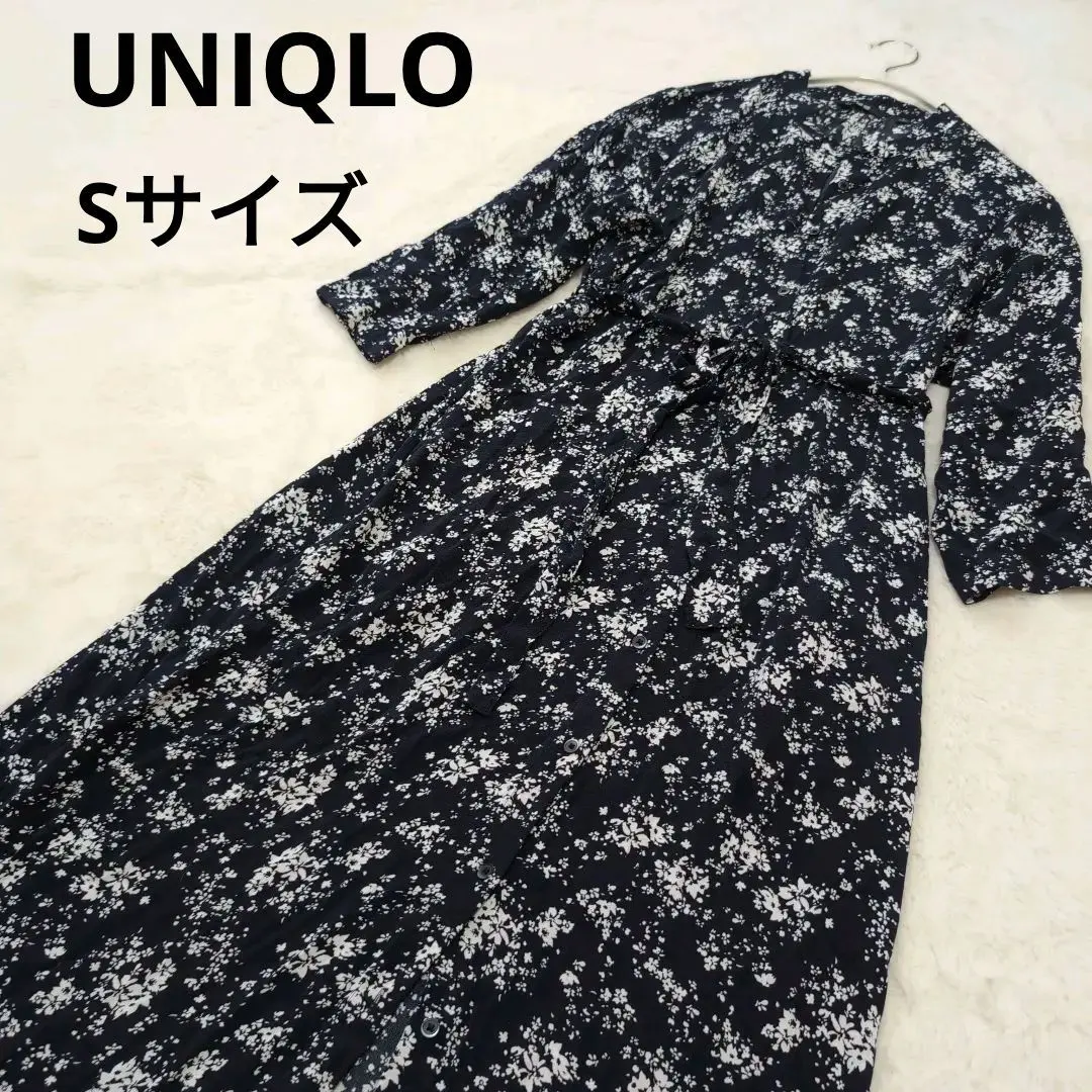 Thumbnail of UNIQLO Navy Floral Print Shirt Dress Long Sleeve Long S Belt S