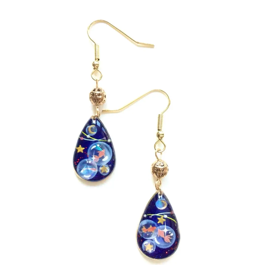 Thumbnail of [Defective] Japanese-style Navy Glitter Earrings - Goldfish in the Night Sky, Droplets, Medium