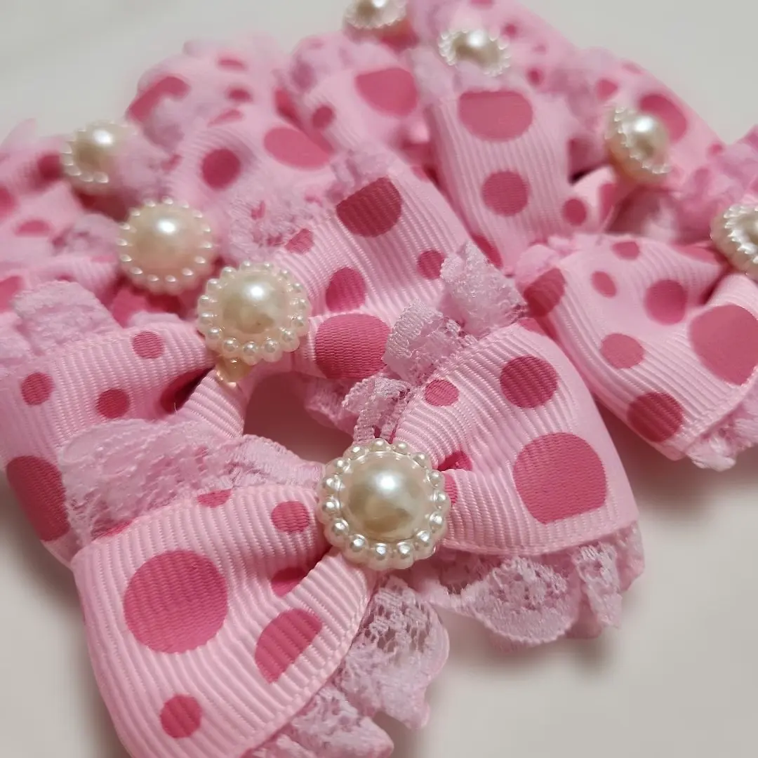 Thumbnail of 8 pink polka dot ribbon motif materials, handmade parts, remakes, Christmas decorations