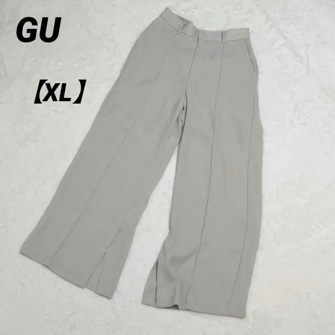 【GU】喇叭褲 XL 雙褶 褲腳開衩 米灰色 的縮圖