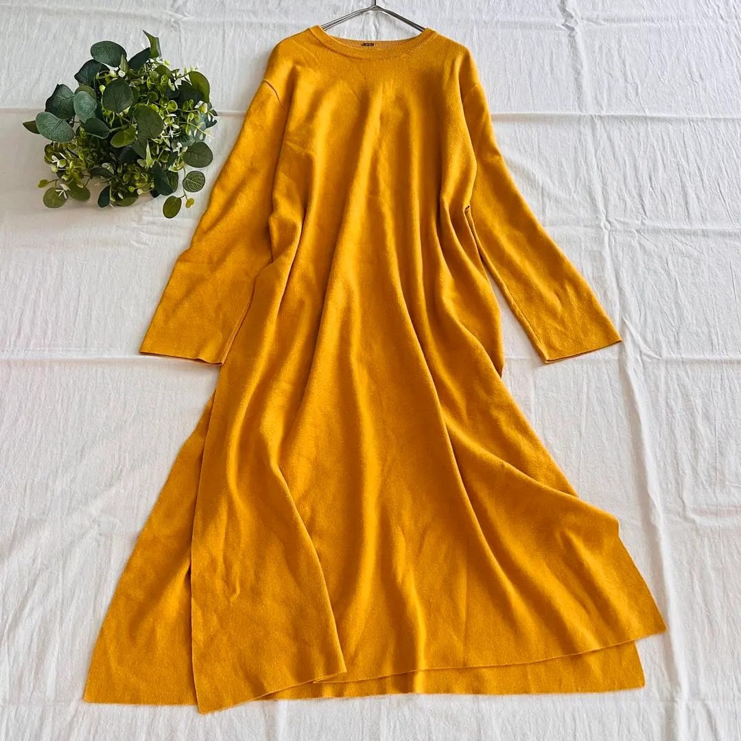 Thumbnail of Mila Owen Lame-Blend Knit Long Dress, Slit, Mustard, Layering