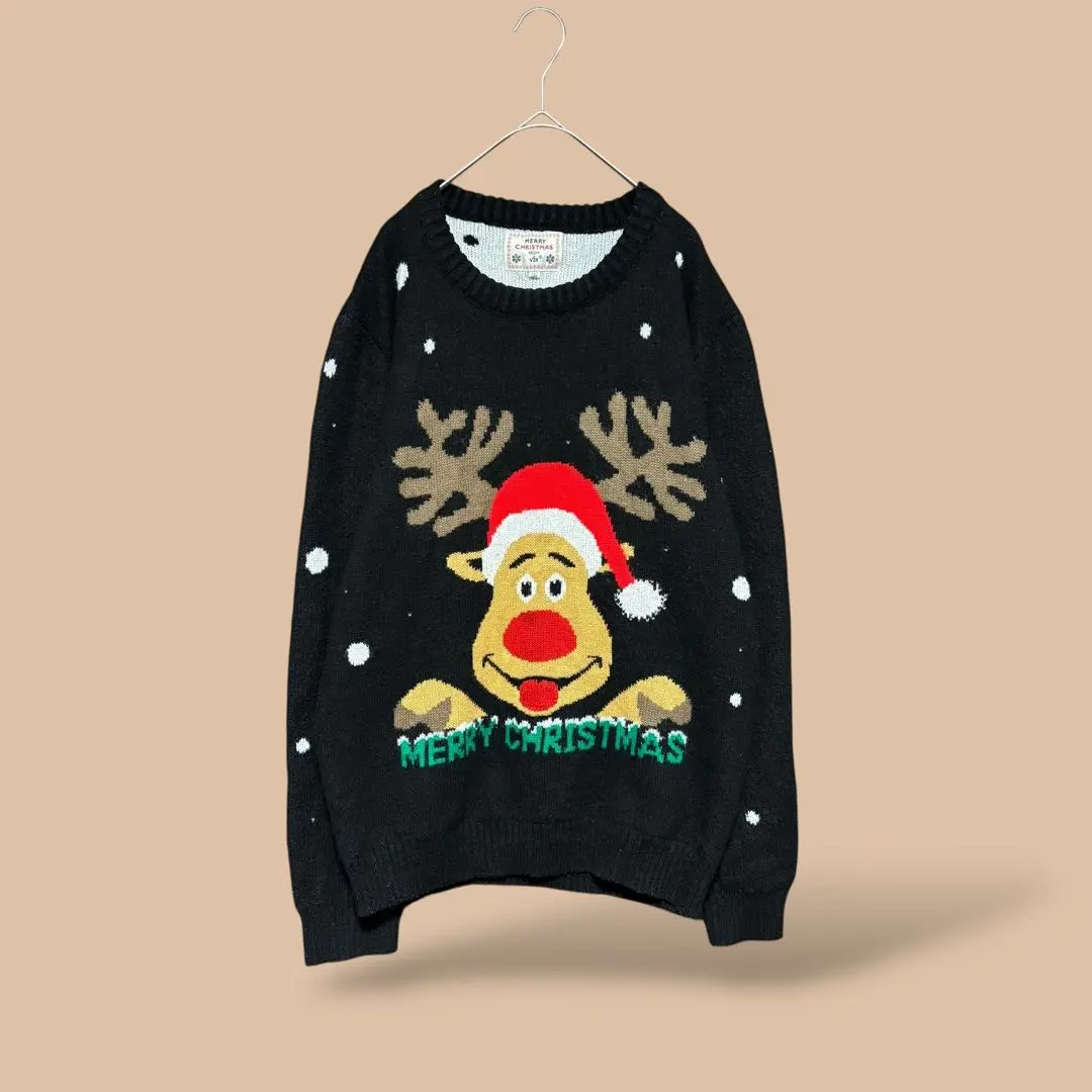 美國古著 馴鹿聖誕老人 聖誕毛衣 黑色 黑 動物花紋 復古 2XL 的縮圖