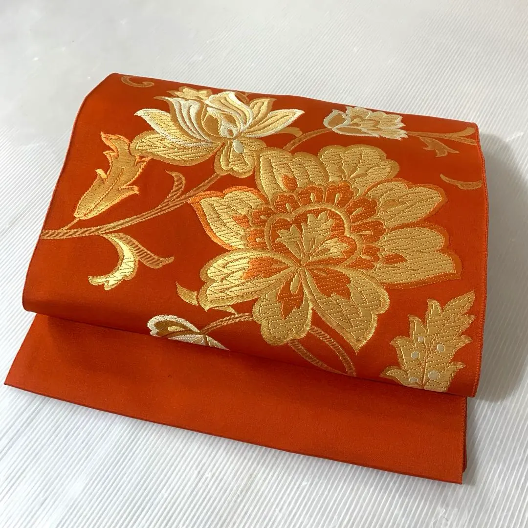 正絹 名古屋帶 橙地×金絲華文樣 華麗正式 和裝帶 Y-0752 的縮圖