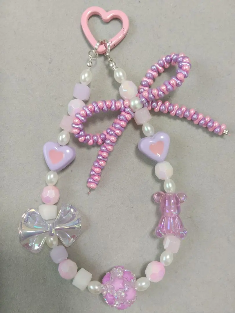 Thumbnail of Ribbon bead keychain handmade pink purple heart pearl bear purple bear star