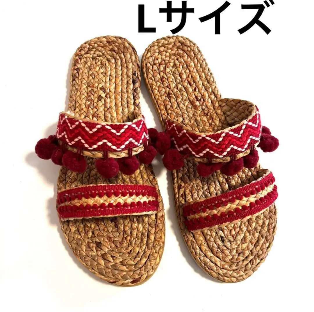 Thumbnail of Grass material red pom-pom slippers