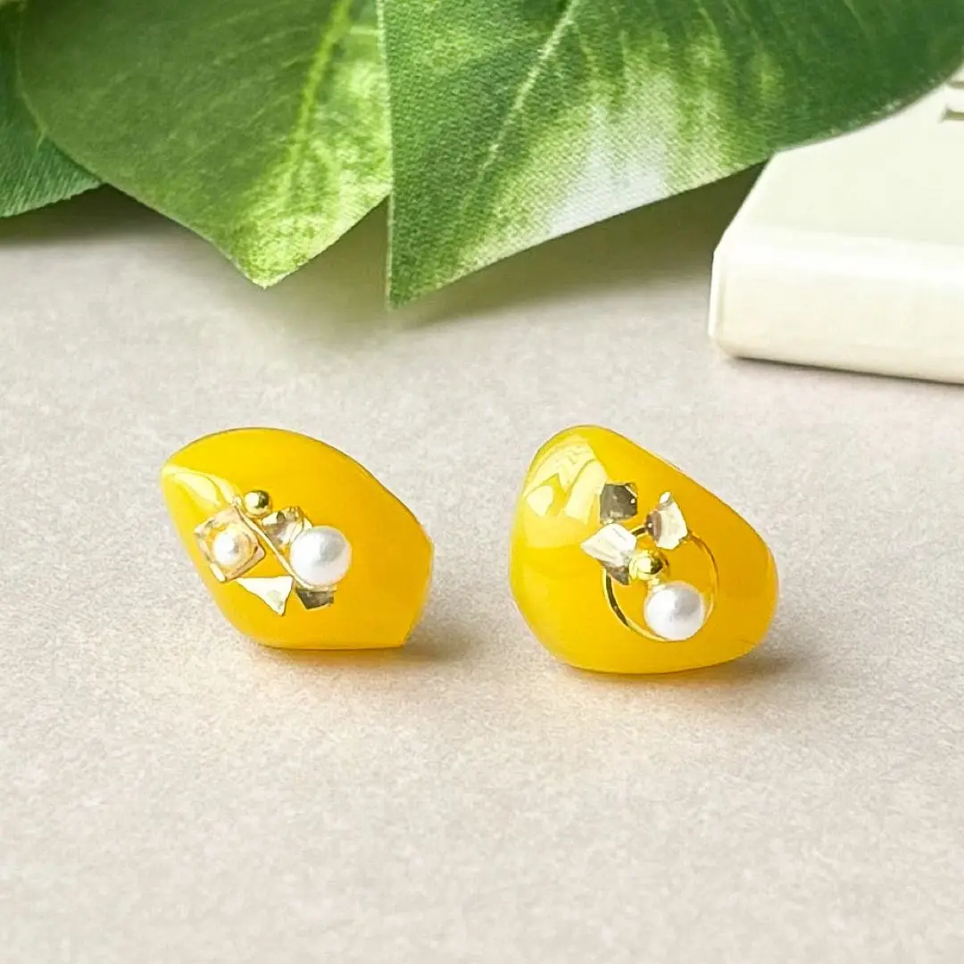Thumbnail of Yellow Gold Glitter Lame Pearl Earrings Stainless Steel Elegant 【384】