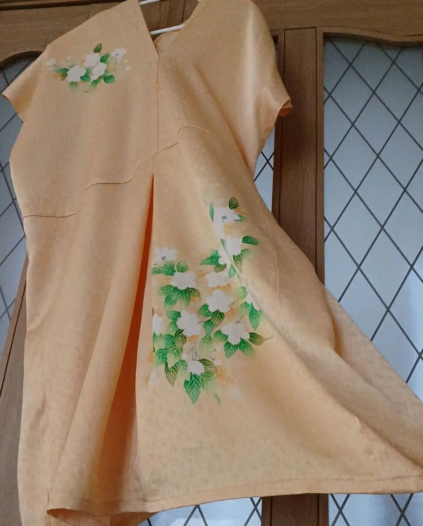 橙色 花紋 V領 和服改造束腰連衣裙 的縮圖