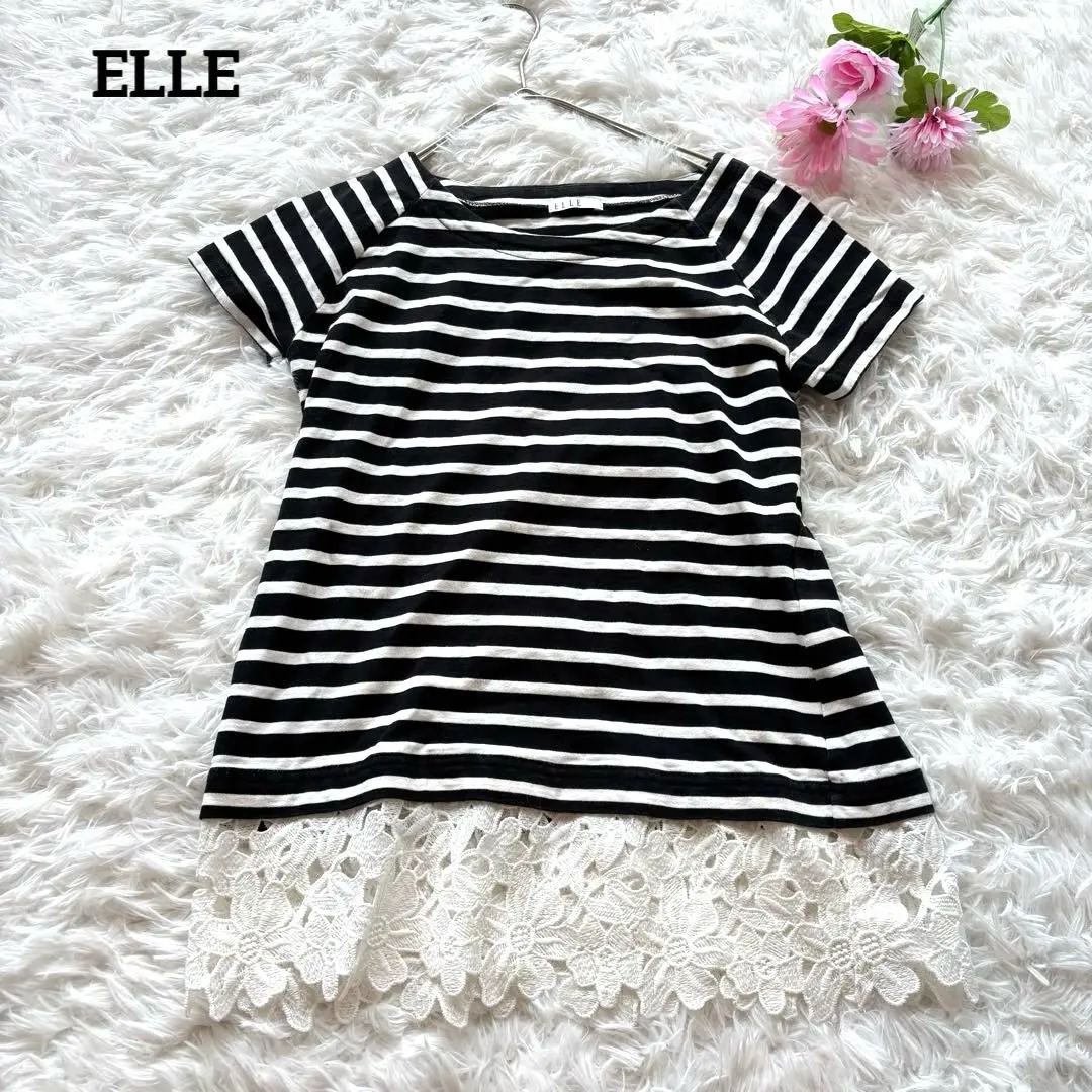 Thumbnail of Excellent condition ✨ ELLE Lace-trimmed tunic striped dress 【L】Black and White, Short Sleeves