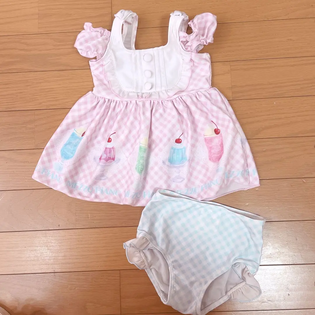 Thumbnail of Mezzo Piano Swimsuit, Frilly, Pink Check, Size 90. Sax Check, Size 100.