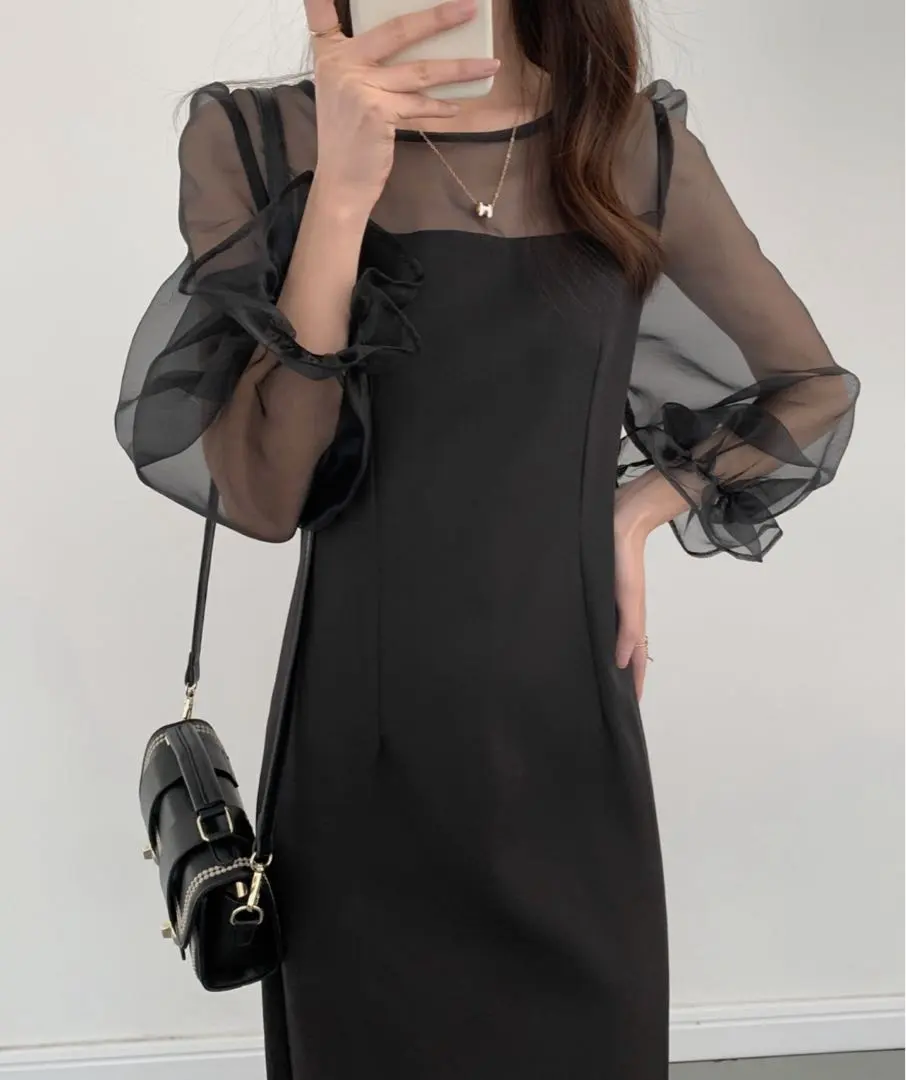 ABITOKYO 透視感泡泡袖長款連衣裙 的縮圖