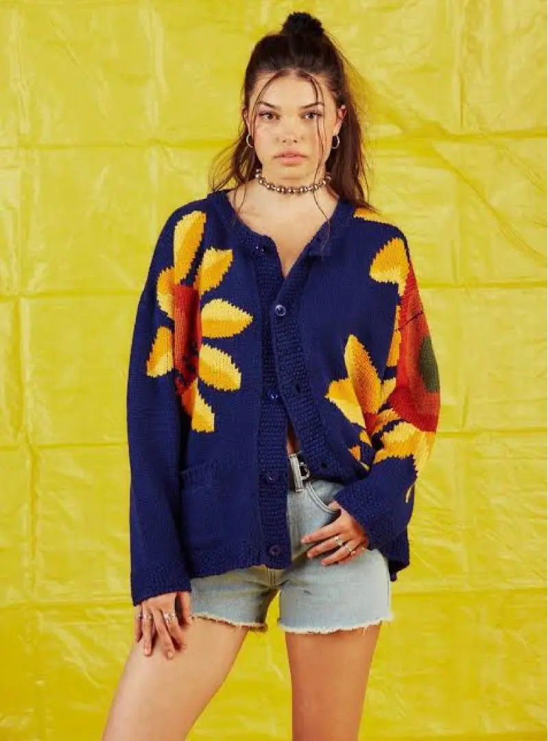 Unif ひまわり柄 ニットカーディガン サガラ刺繍風ひまわり総柄ニット ストリート系 オラオラ系[品番