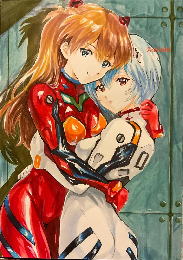 手描きアナログイラスト　新世紀エヴァンゲリオン　綾波レイとアスカ 手描きアナログイラスト 新世紀エヴァンゲリオン 綾波レイと