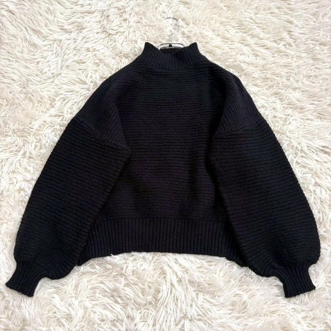 Thumbnail of 8028 Good condition ✨ High-neck long-sleeved knit sweater, black, voluminous sleeves, neat casual style, feminine