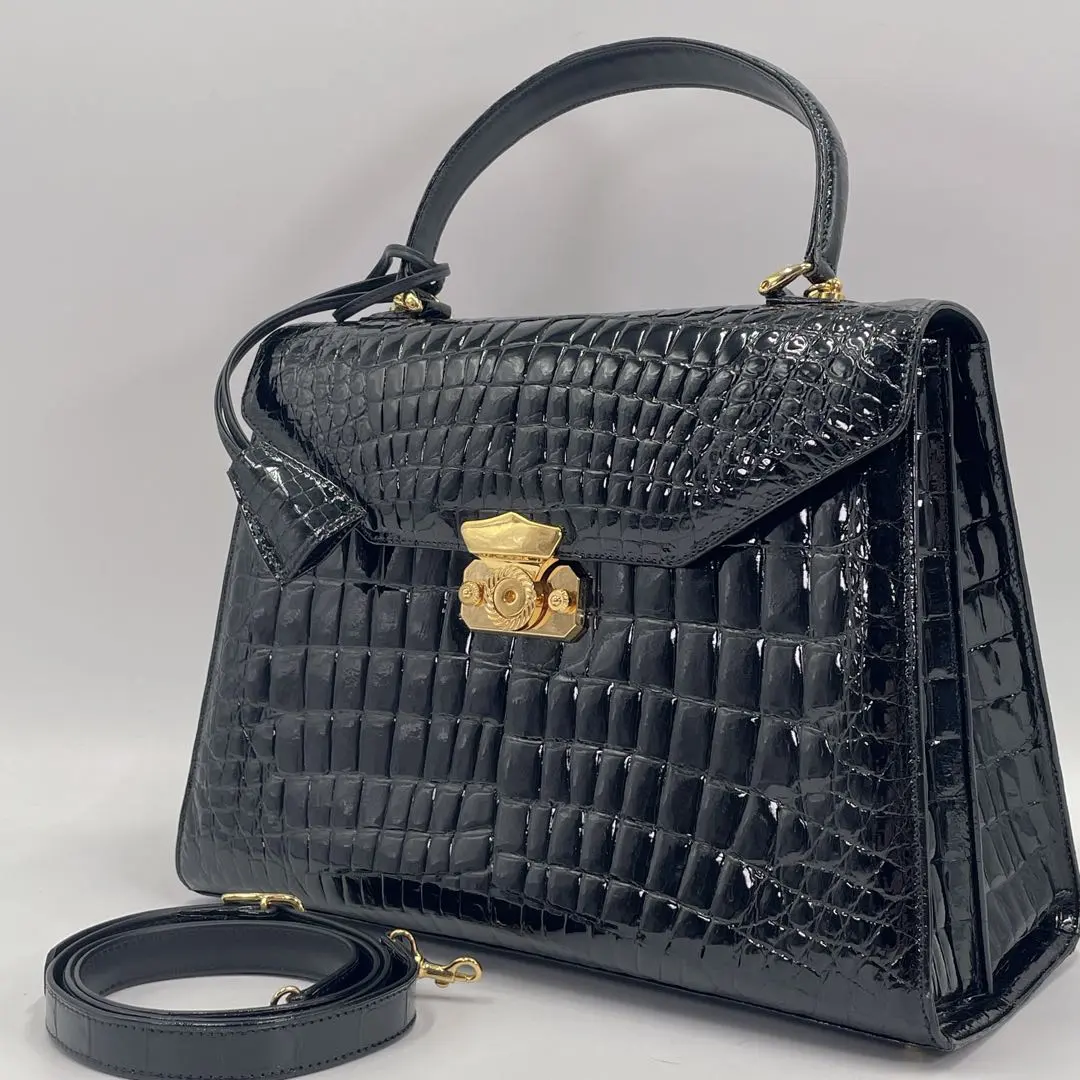 Thumbnail of Excellent Condition Shiny Crocodile Handbag 2-way Shoulder Bag Center Cut Black