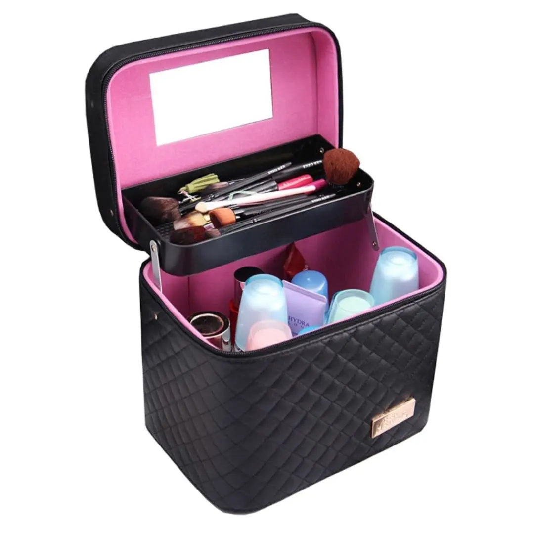 【新品】化妝箱 帶鏡子 大容量 化妝品收納盒 化妝品收納★黑色 的縮圖