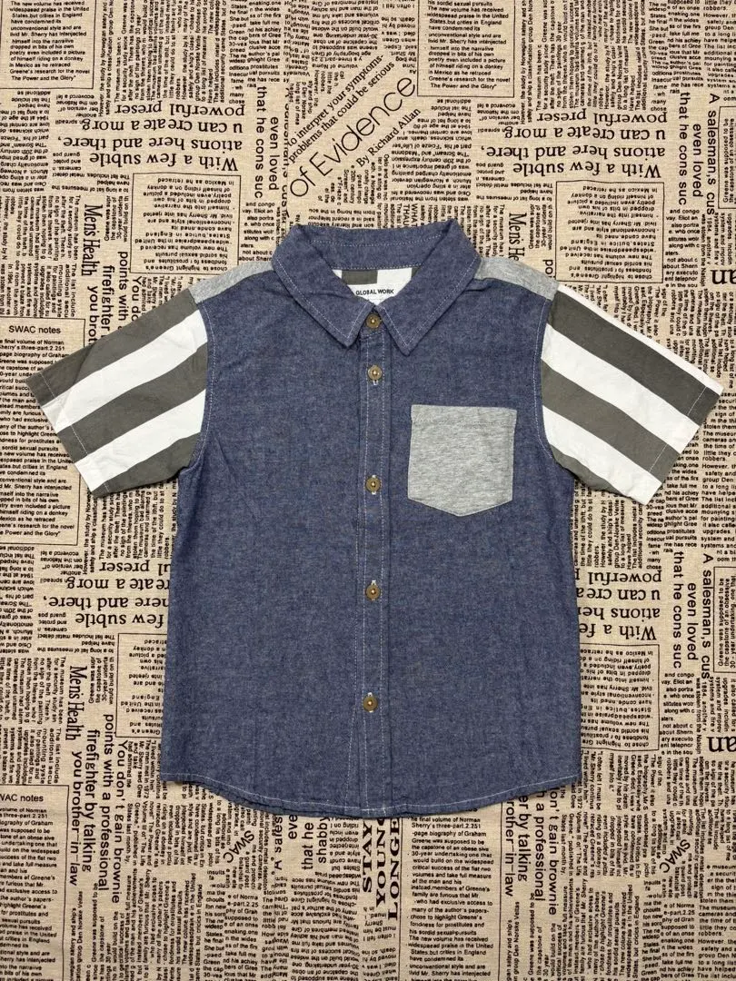 Thumbnail of Global Work Short-Sleeved Denim-Style Shirt with Striped Sleeves, Size L