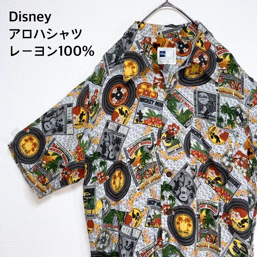 迪士尼 阿羅哈襯衫 米奇 唱片 總花紋 S 尺寸 人造絲100% 的縮圖