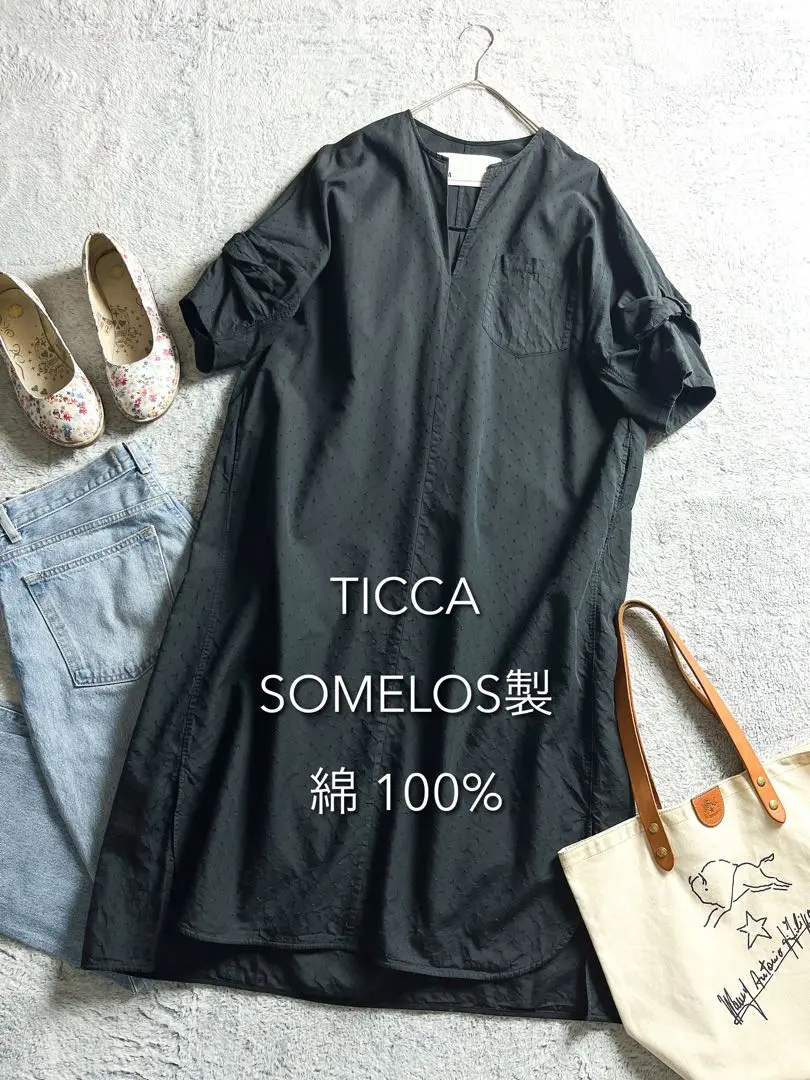 美品 TICCA ティッカ キーネックワンピース ロング 半袖 コットン セール】【TICCA/ティッカ】キーネックワンピース（ワンピース