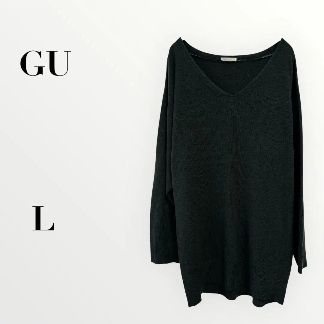 Thumbnail of GU V-neck knit sweater, loose fit, long sleeves, green, L, thin, solid color, women's