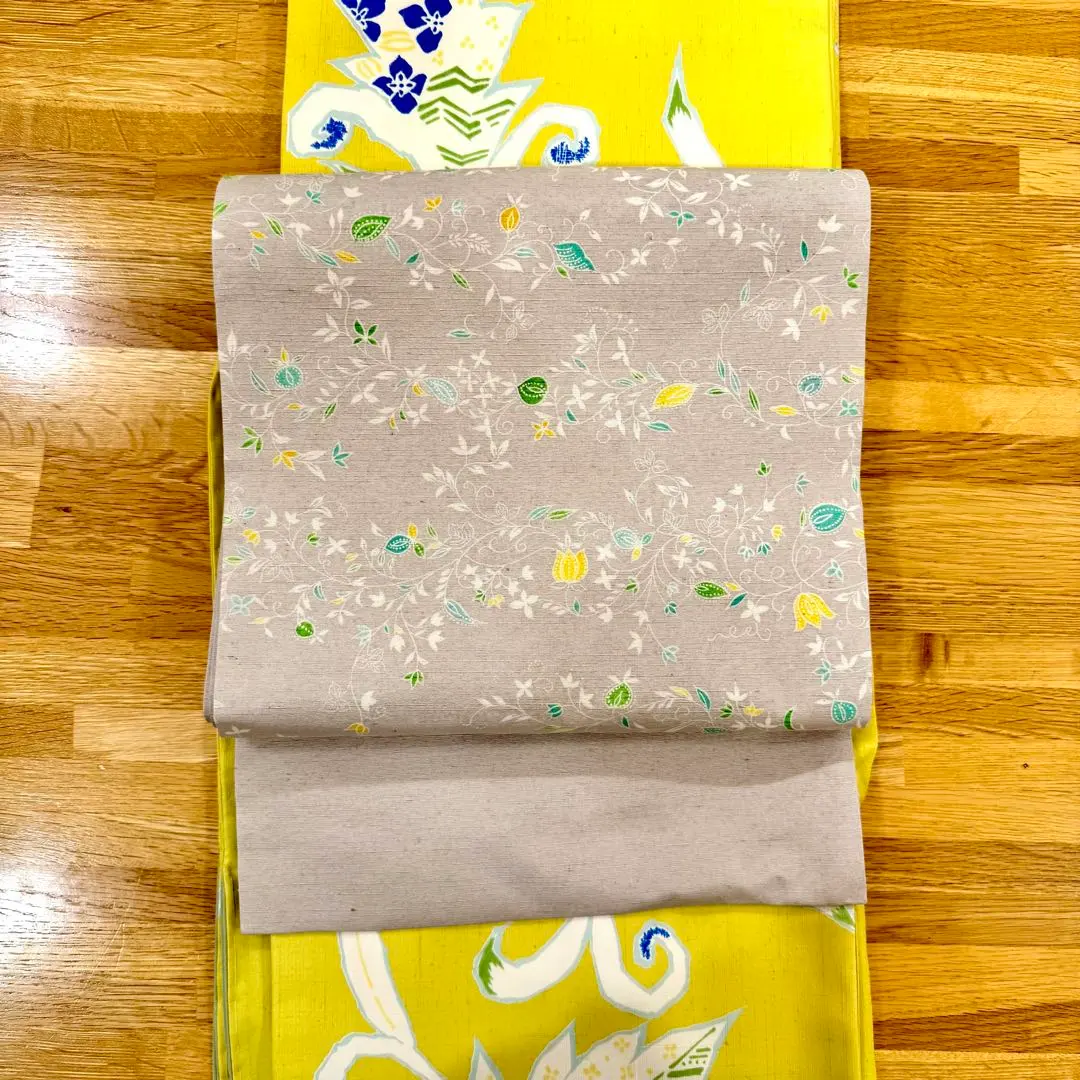 Thumbnail of Kimono Ebis: Tsumugi Fabric, Floral Arabesque, Dyed Nagoya Obi