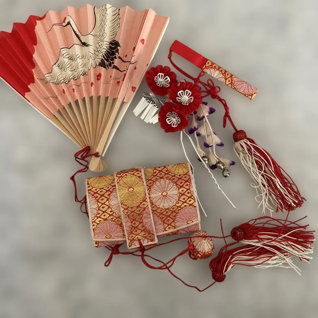 Thumbnail of Shichi-Go-San (7-5-3 Festival) Folding Fan and Accessories Set with Crane Design: Hair Ornament, Hakoseko (small purse), Charm, and Kaiken (ceremonial knife) included
