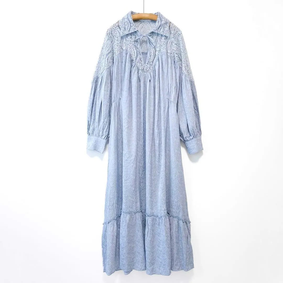 Thumbnail of Excellent condition JEANASIS Lace Cutout Jacquard Flare Dress with voluminous sleeves