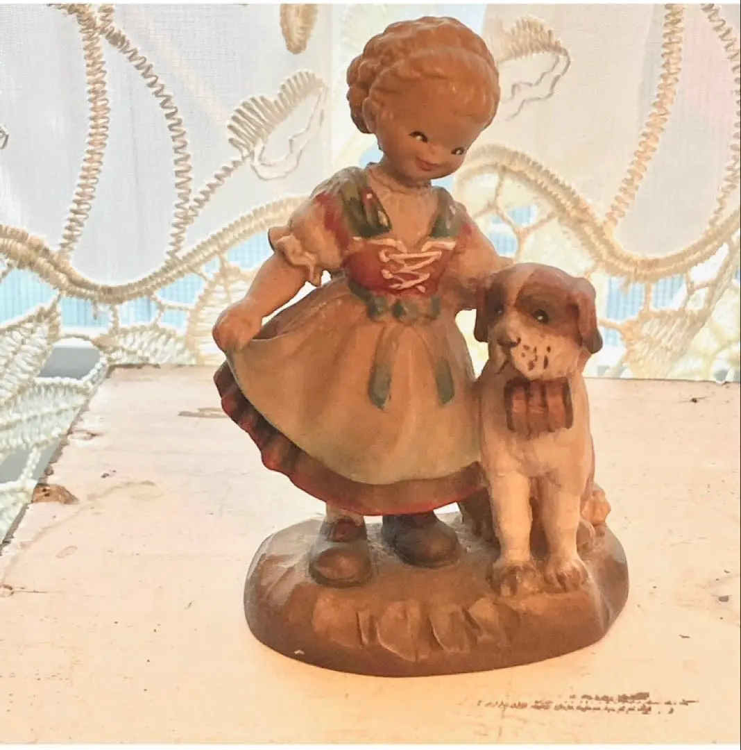 Thumbnail of ANRI Vintage Wood Carving Figurine Ornament Girl and St. Bernard Dog