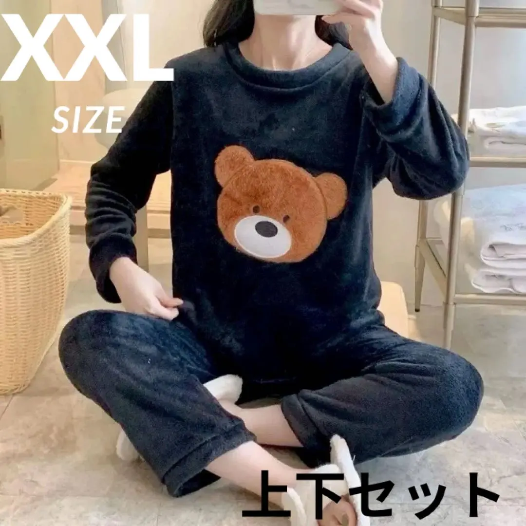 睡衣 女款 熊 韓國 可愛 毛茸茸 居家服 睡衣 黑 的縮圖