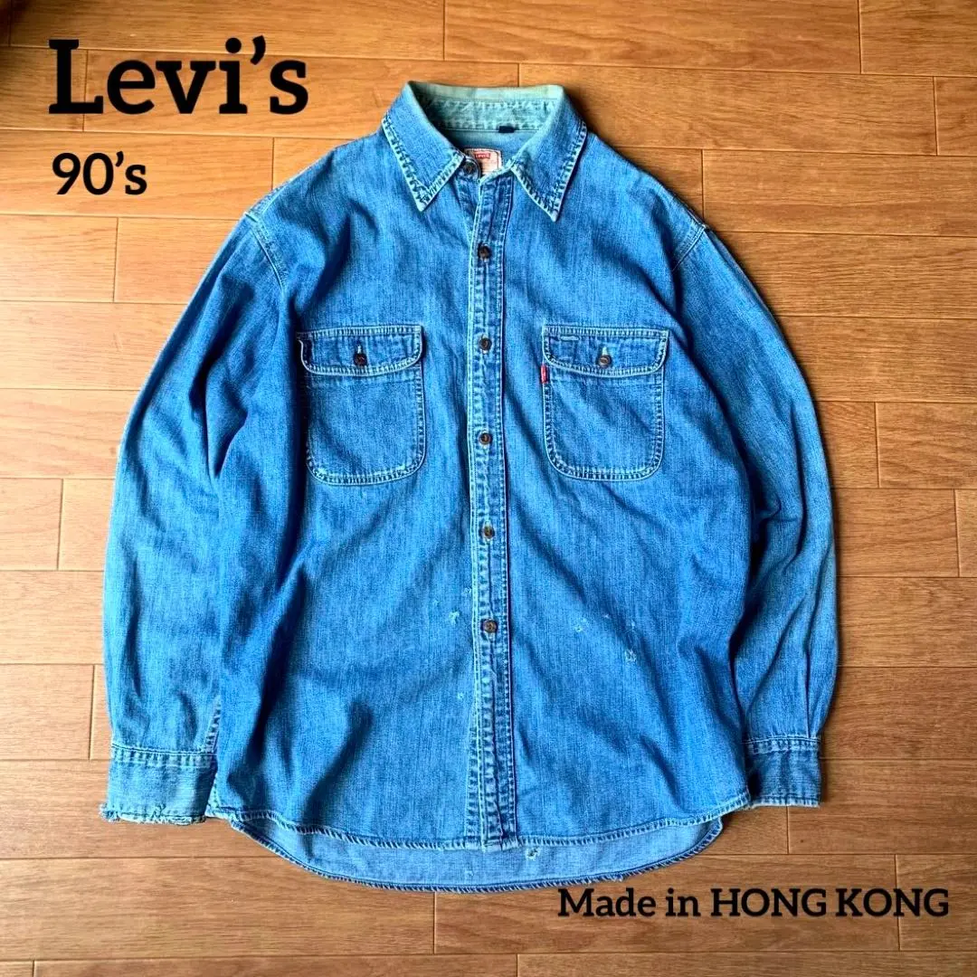 Thumbnail of 90s Levi's denim shirt long sleeve light blue made in Hong Kong damage