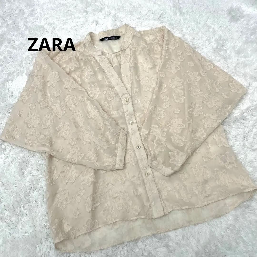 Thumbnail of ZARA Floral See-Through 3/4 Sleeve Shirt, Beige