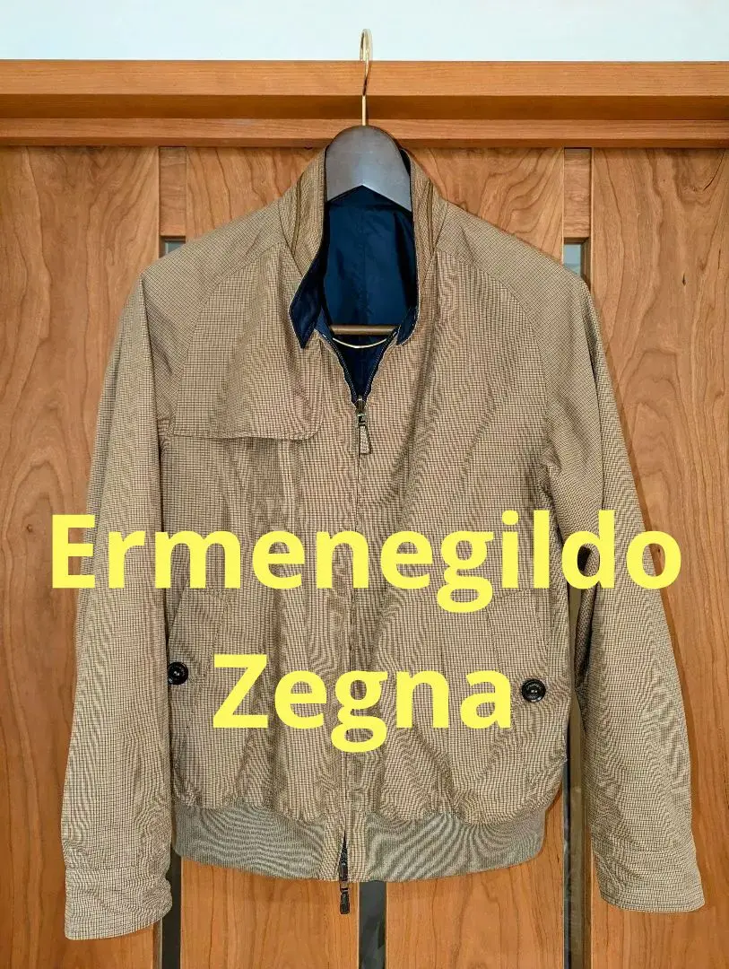 【極希少✨】エルメネジルド・ゼニア ブルゾンコート レザー襟 チェック 茶 48 MADE IN JAPAN製 E.Z BY ZEGNA ウールステンカラーコート