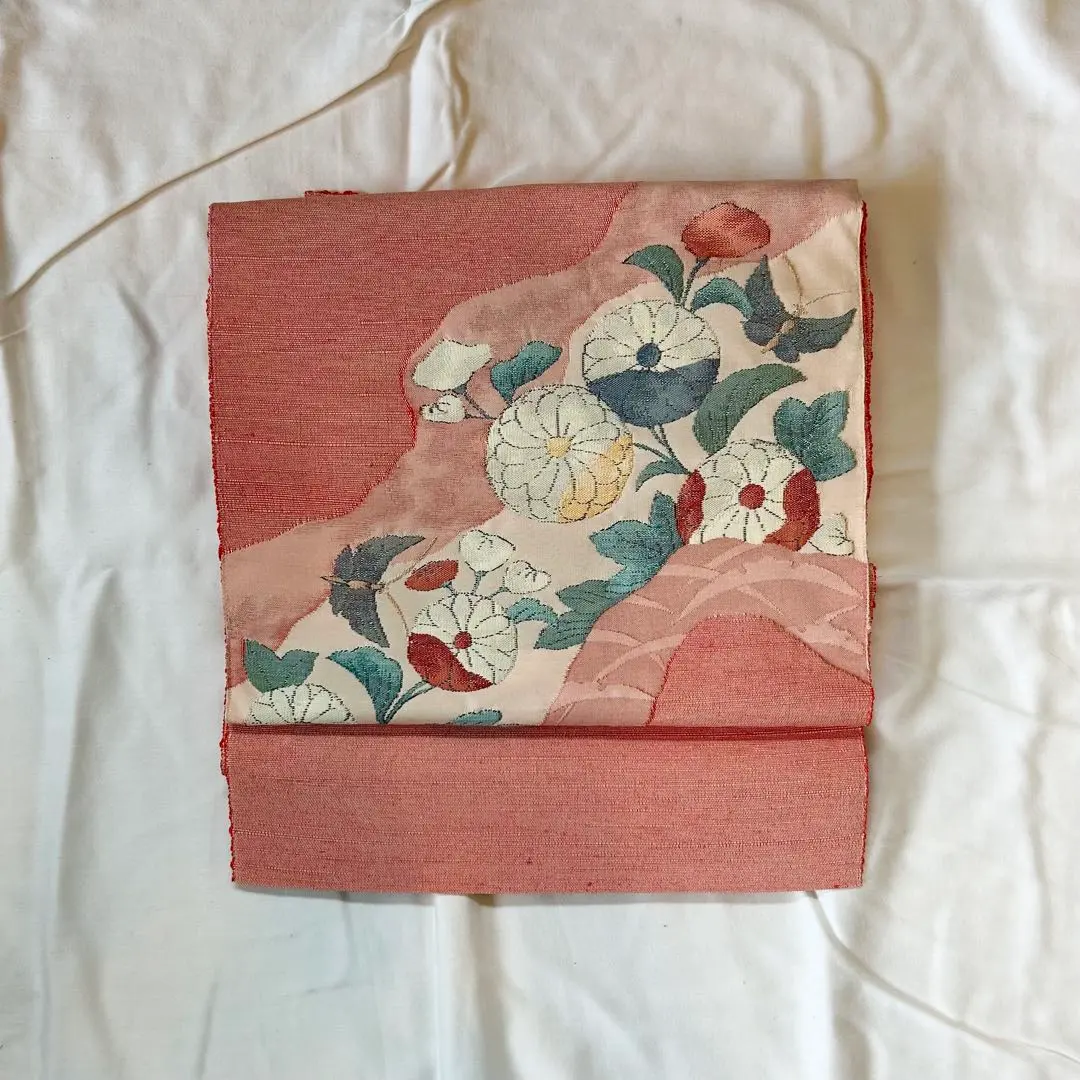 Thumbnail of Nagoya Obi: Tsumugi, Floral Pattern, Chrysanthemum, Red