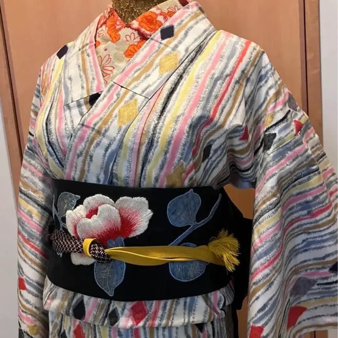 単衣　着物　小紋　フルセット　正絹　町　城下町　白黒　モノトーン　F7 07aeca32c44eb30b94585c15f16571