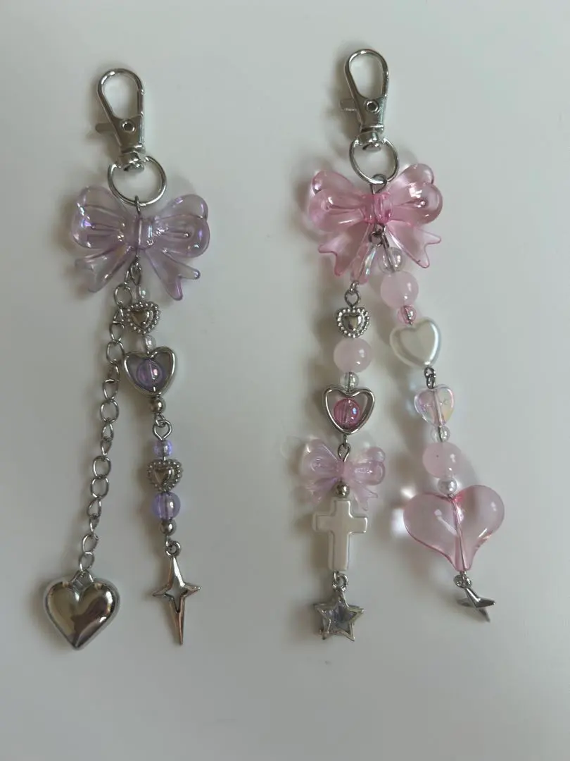 Thumbnail of Handmade beaded keychains and cell phone straps, set of 2, pink and purple
