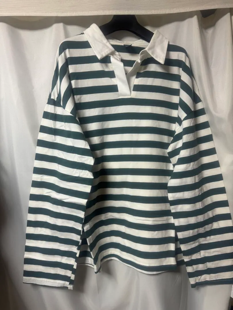 Thumbnail of Striped long-sleeved T-shirt with collar (Green White) M Women's