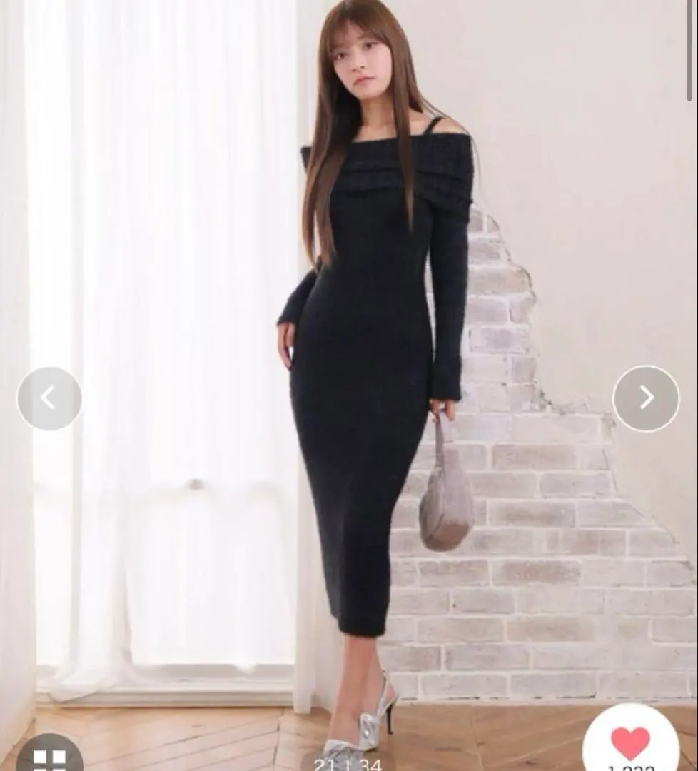 亮片羽毛露肩針織連衣裙 的縮圖