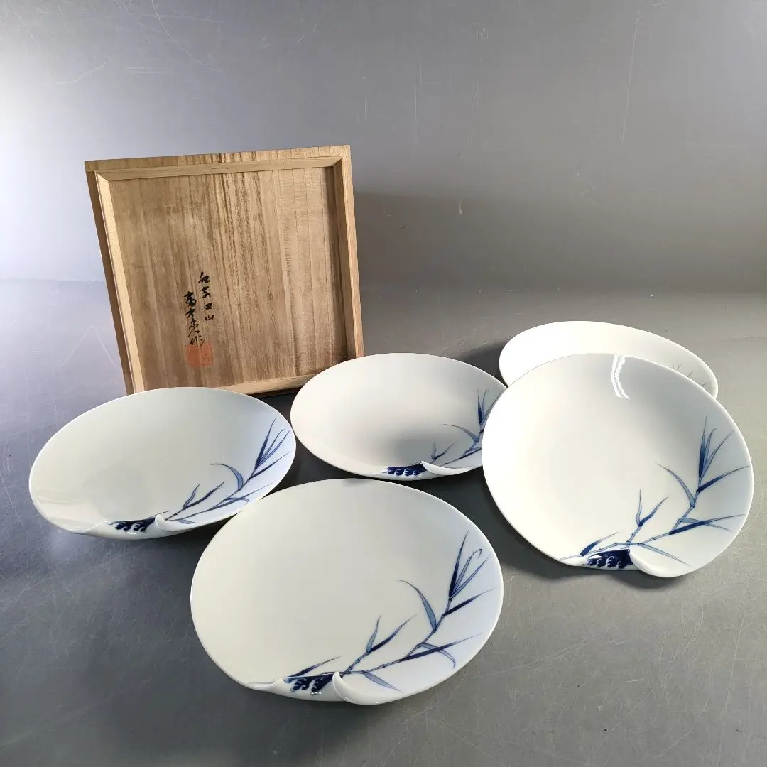伊万里焼 福右衛門 献上手染錦 茄子型 箸置 五客 共箱 共布　古伊万里伝統技術 献上手古伊万里焼】花瓶 染錦本金花籠夫婦鶴図