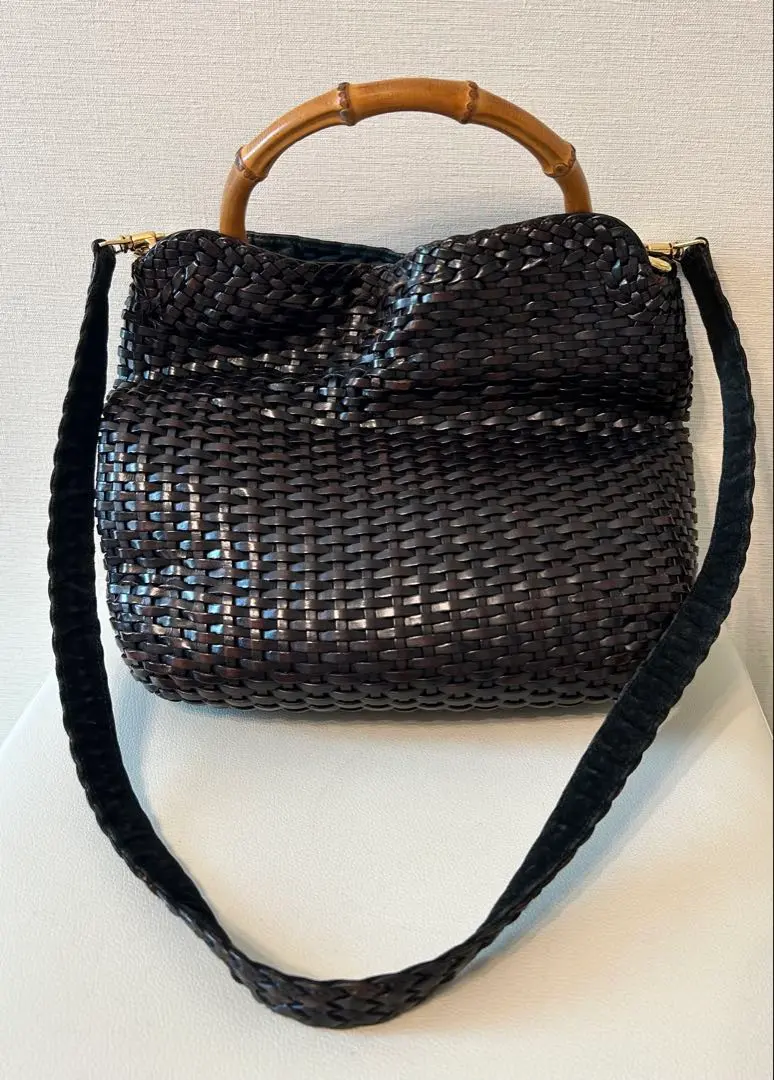 GUCCI かごバッグ　ハンドバッグ　バンブー　黒　レザー　編み込み　巾着型 楽天市場】【バッグ】GUCCI グッチ バンブー 巾着 2WAY