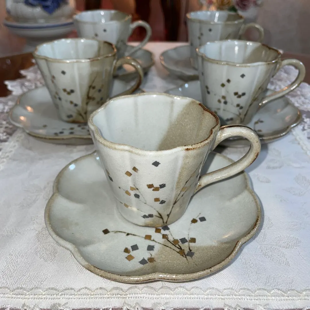 Thumbnail of Tachikichi Gold Trim Ceramic Cup and Saucer Set, 5 Pieces