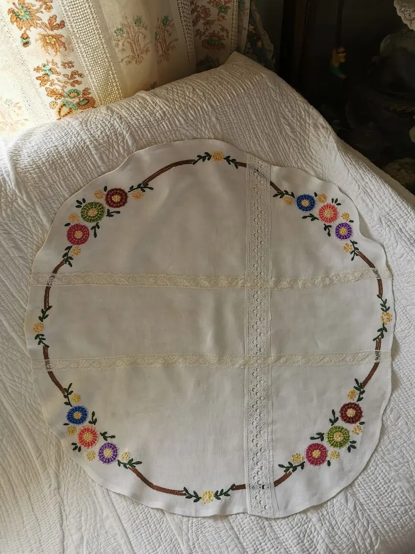 Thumbnail of Antique French Rosetta Embroidery Leaf & Open Dot Lace Decorated Large Cross