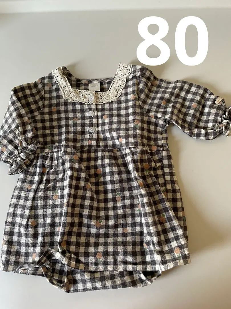 Thumbnail of Checkered Romper with Lace Collar, Size 80