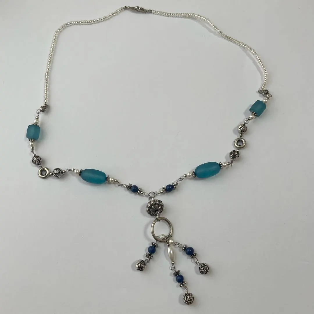 Thumbnail of Blue frosted glass bead necklace, accessories, women's, large size, rose